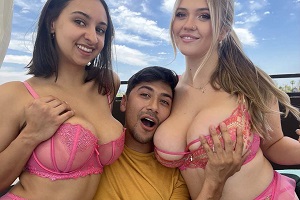 Angie Faith & Hailey Rose fickt einen großen Schwanz auf der Couch